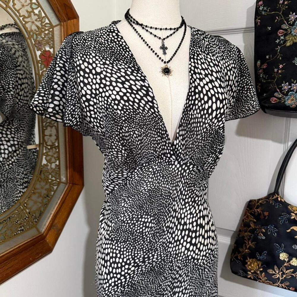VTG Y2K Lapis Sheer Black & White Dotted Animal Print Flutter Sleeve Midi Dress - Picture 2 of 8
